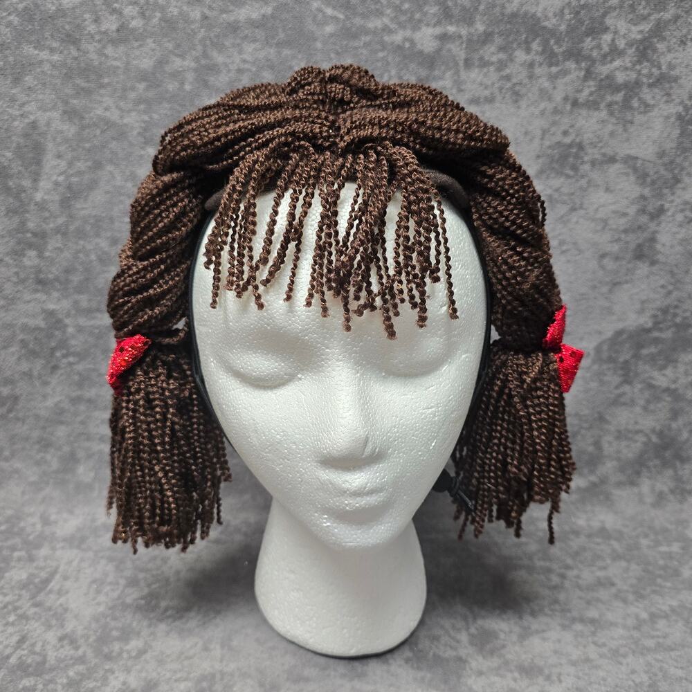 Brown Yarn Braided Hair In Pigtails with Red Bow Adjustable Strap Costume Wig